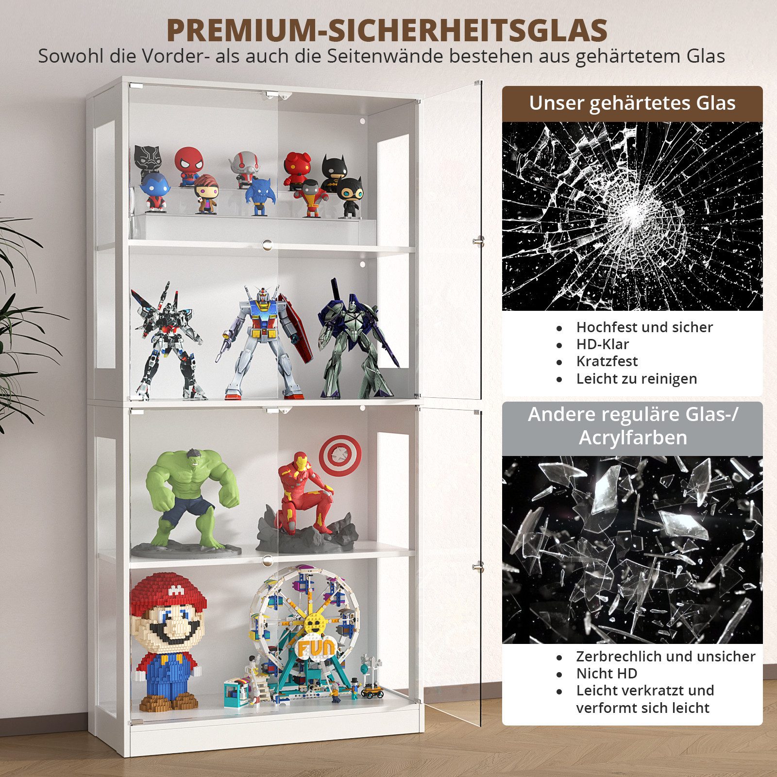 VOWNER Glasvitrine mit 3-Farben-LED-Beleuchtung, Vitrine für Spielzeug/Bücher/Deko (1-St) 360°-Sicht, Explosionssichere Tür, 4 Regale, 80x165x35 cm