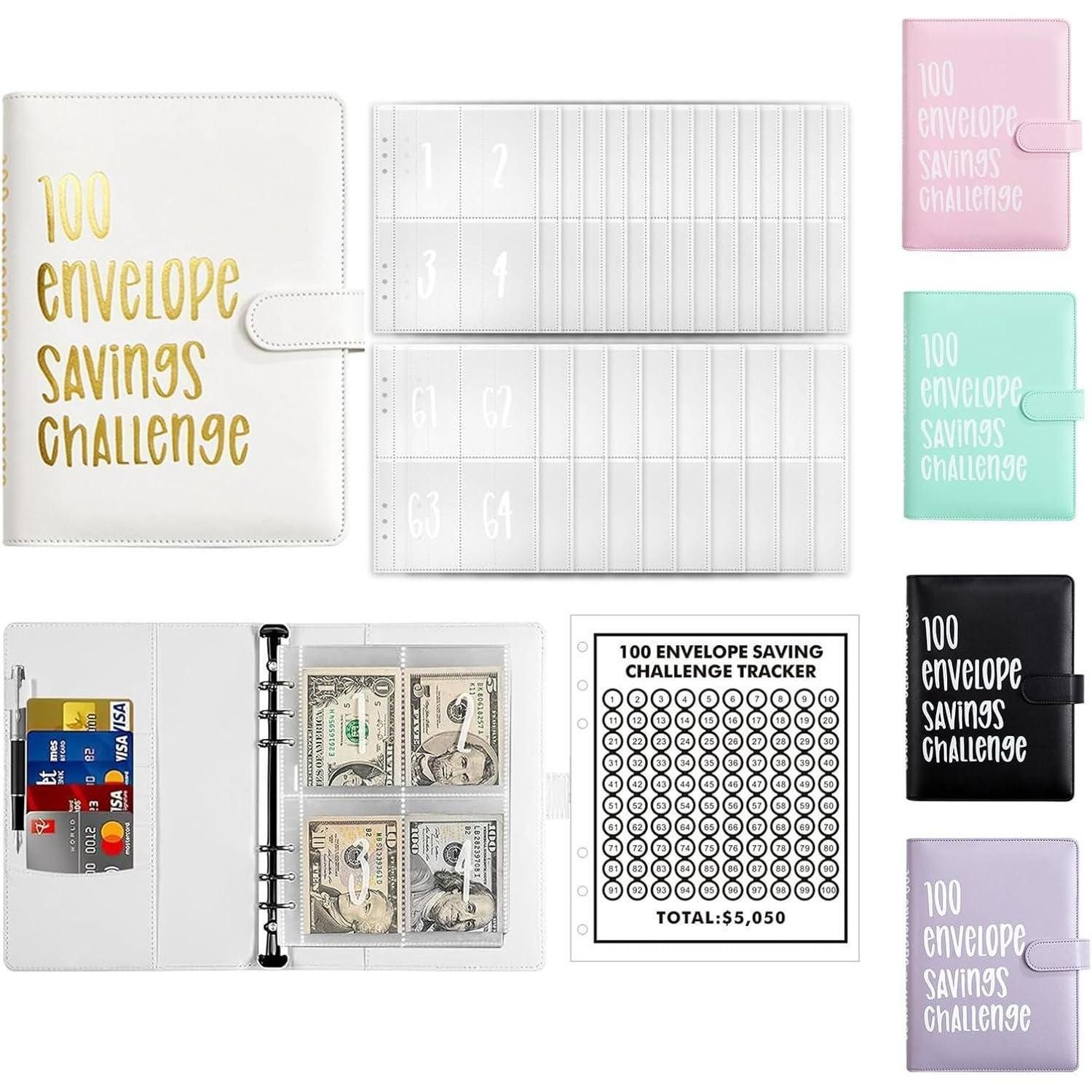 LuxusKollektion Ringbuchmappe Budgetplaner A5 Ringbuch Leder Sparchallenge 100Umschlägen Weiß