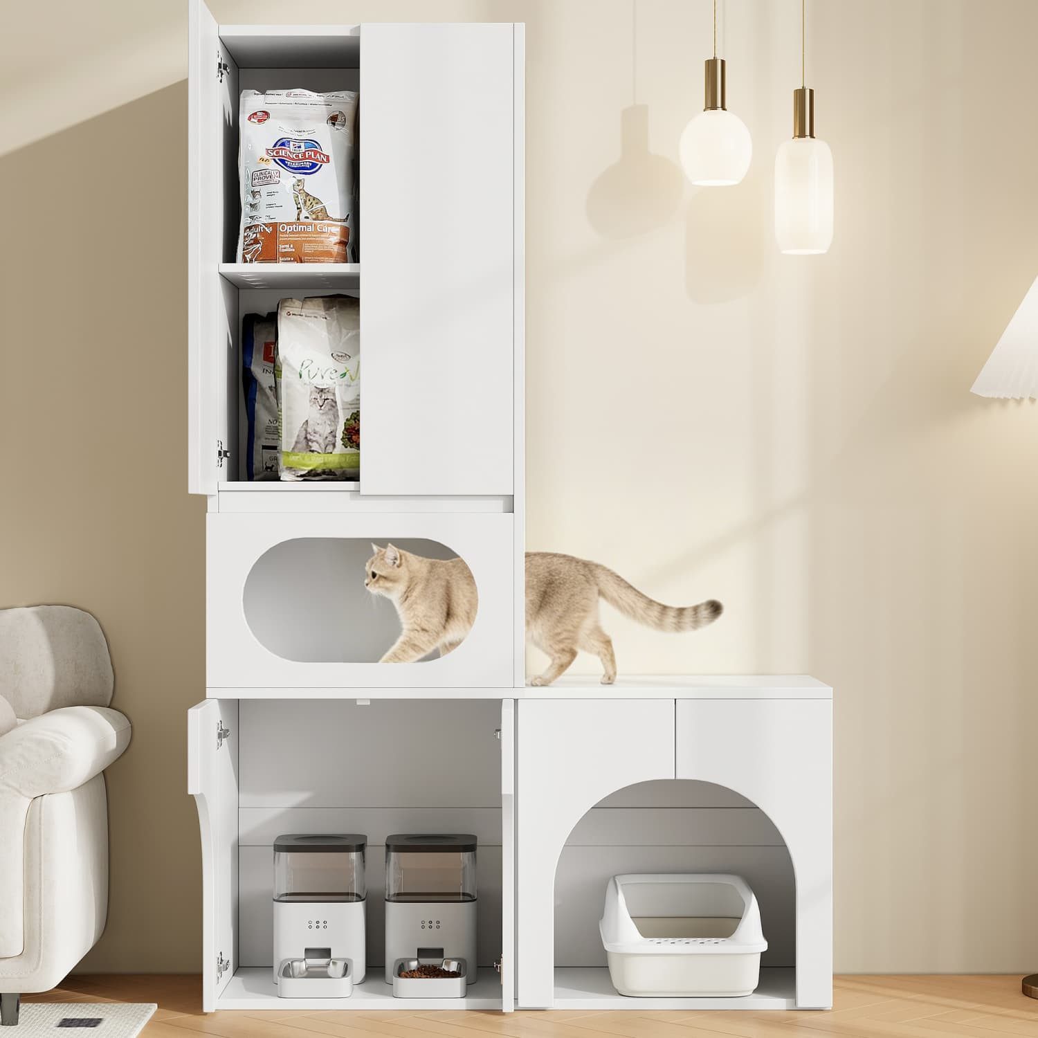 ANYSUN Tierhaus Katzentoilettenschrank mit Stauraum,Platz für 2 Katzentoiletten,weiß, Haustierschrank,Hochschrank mit Ruhebereich,Regal,140×45×195cm