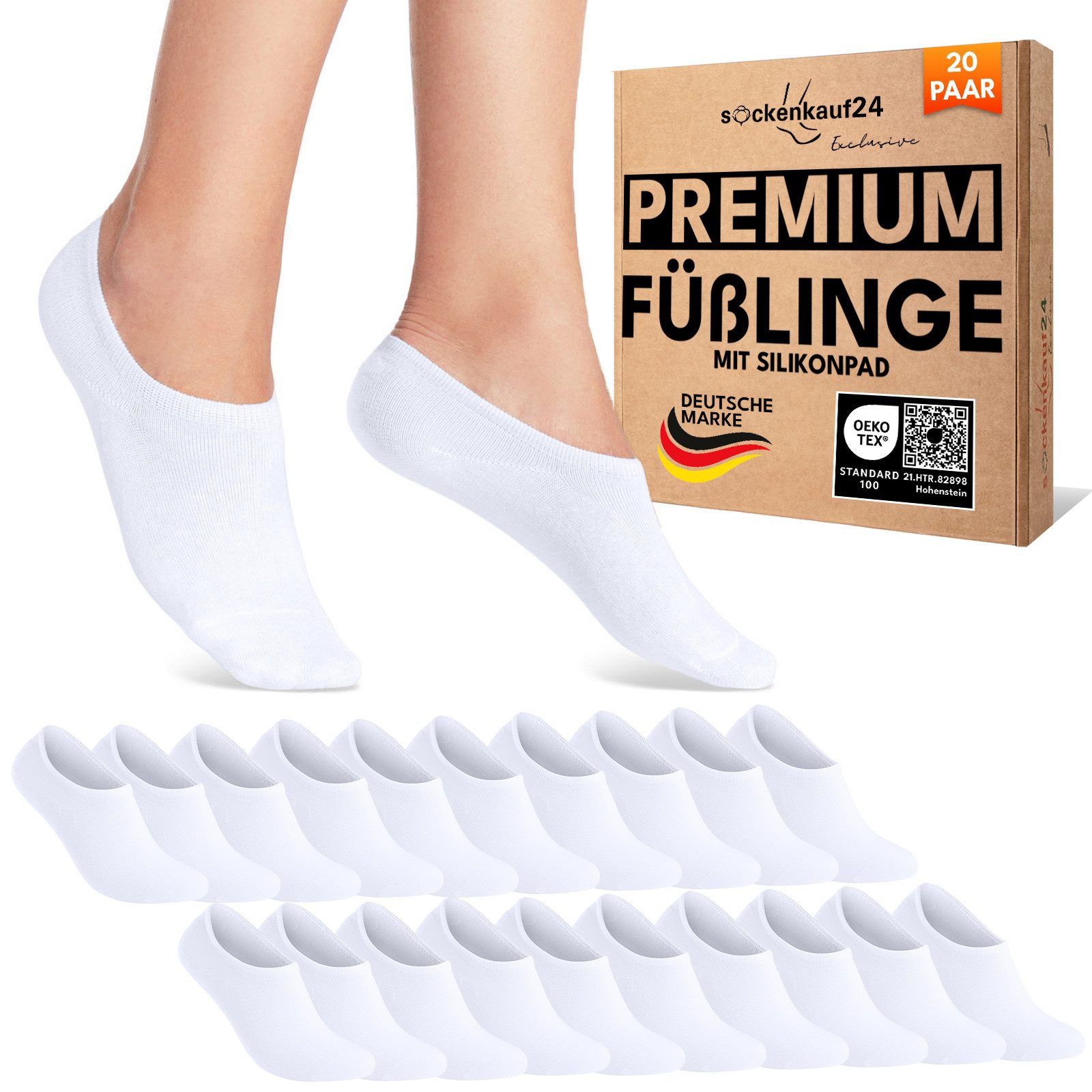 sockenkauf24 Füßlinge 10 Paar Premium Füßlinge Sneaker Socken Damen Herren Baumwolle (20-Paar) invisible Socks ohne Naht mit Silikonpad gegen Verrutschen - 70106T