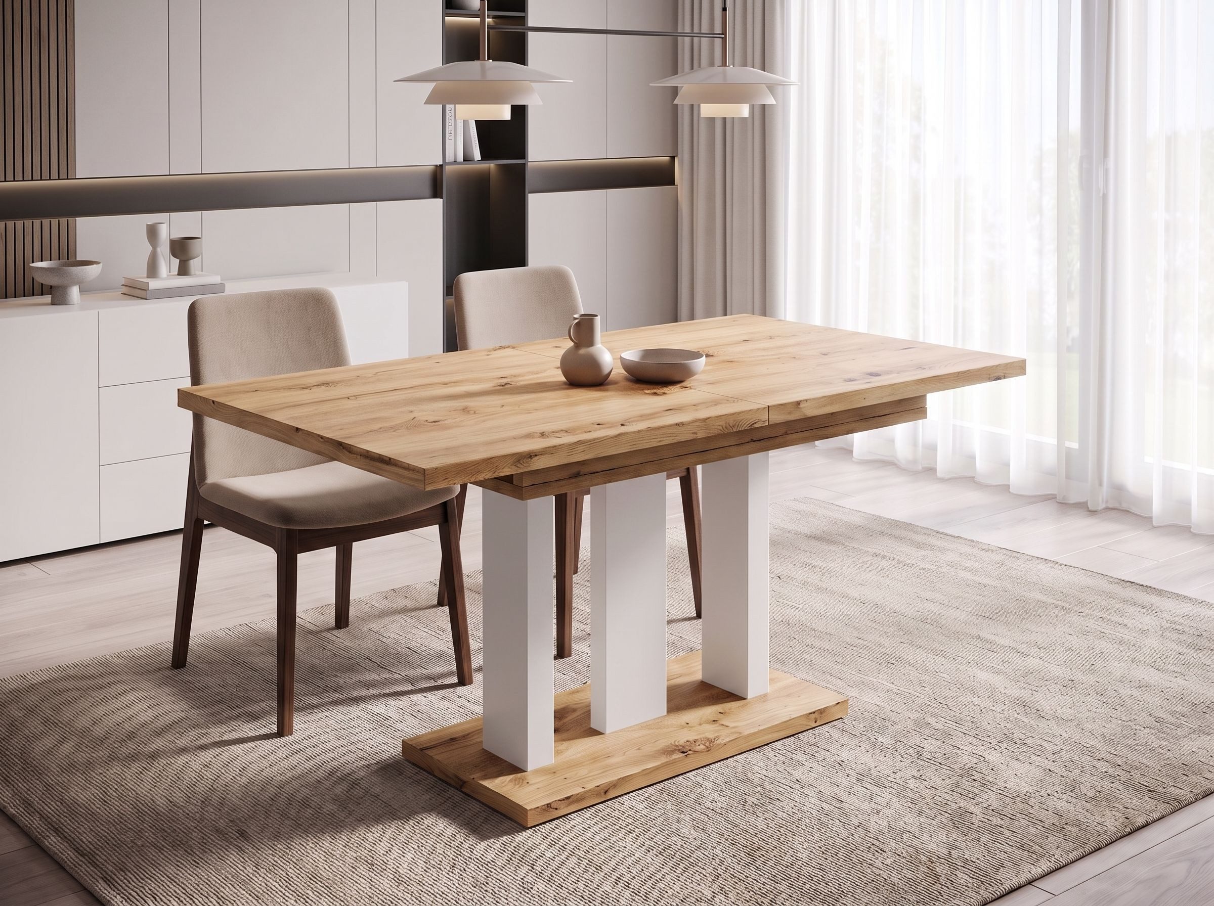 Endo-Moebel Säulen-Esstisch "Appia White" 130-210cm ausziehbar, erweiterbar, modern (1 Tisch), 2 Erweiterungsplatten, für 4, 6 oder 8 Personen, weiße Beine – Bild 2 von 5