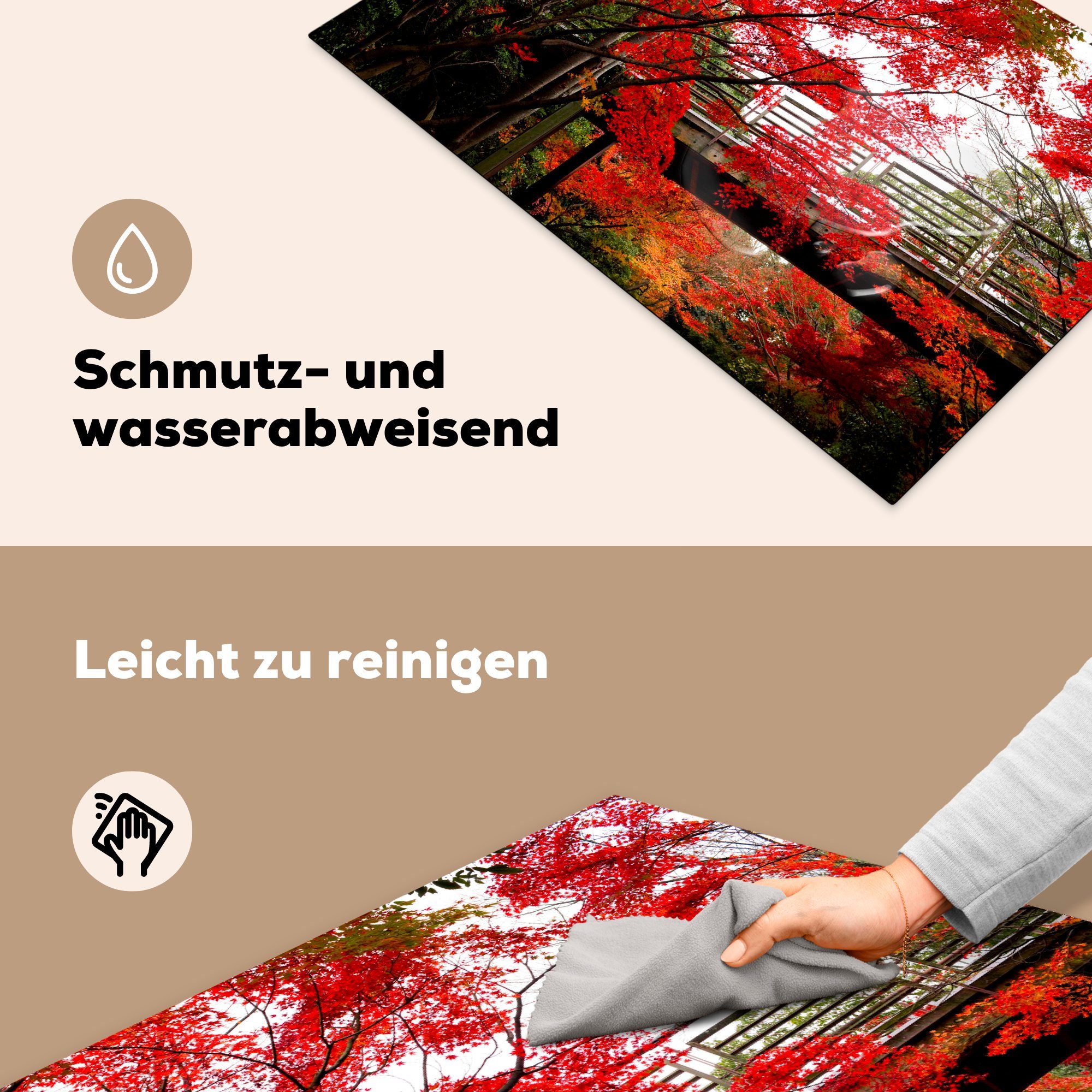 cm, japanischen durch Park tlg), Herdblende-/Abdeckplatte (1 für küche, Ceranfeldabdeckung Ahornbäumen, mit die Brücke Schutz Induktionskochfeld Vinyl, MuchoWow einen 81x52