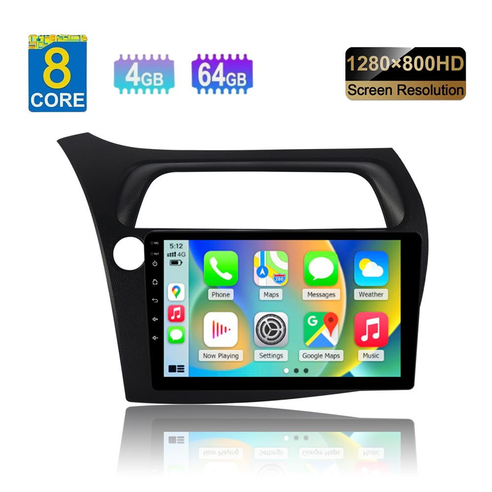 A-Sure Für Honda Civic VIII 2006-2011 9' 4+64GB Android15 GPS Navi CarPlay FM Autoradio (Digitalradio (DAB), FM, AM, 1280*800 IPS Screen/8-Core CPU)