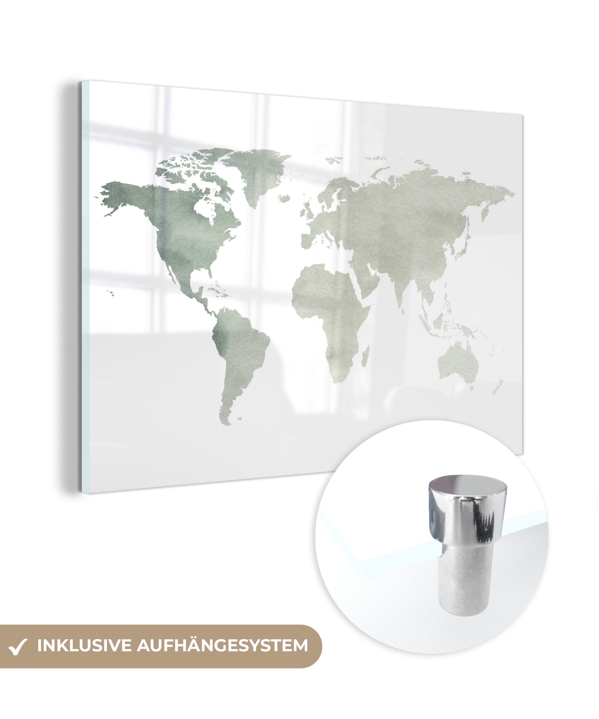 MuchoWow Acrylglasbild Weltkarte - Grau - Weiß, (1 St), Glasbilder - Bilder auf Glas Wandbild - Foto auf Glas - Wanddekoration | Bilder