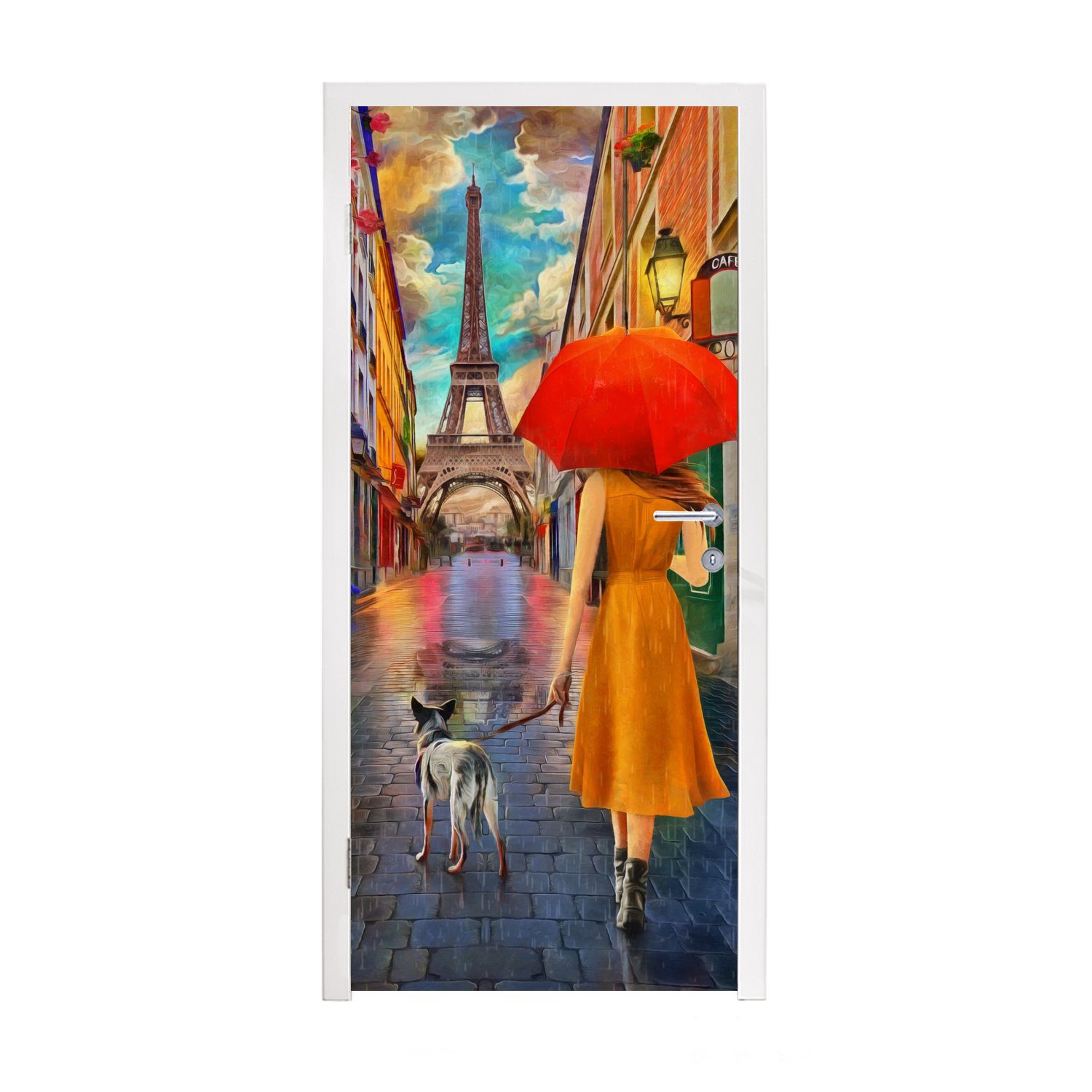 MuchoWow Türtapete Gemälde - Ölfarbe - Frau - Hund - Paris, Matt, bedruckt, (1 St), Fototapete für Tür, Türaufkleber, 75x205 cm