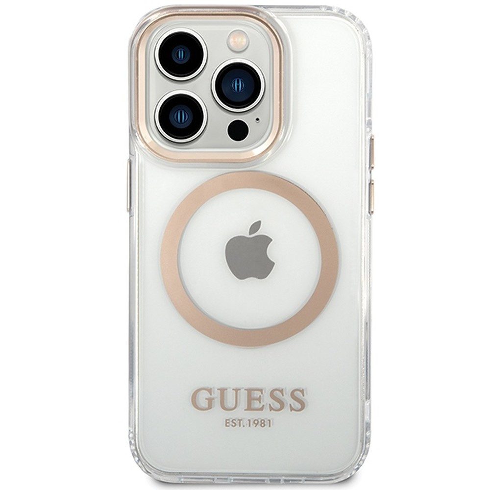 Guess Handyhülle Schutzhülle Magnethülle Handyschale 6,7 Zoll, MagSafe-kompatibel, transparent, Goldakzente