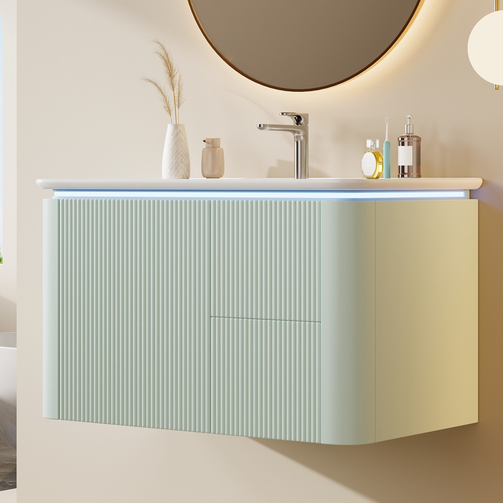 BlingBin Waschtisch wandhängender Waschbecken Waschplatz Badezimmerschrank (1-St., mit LED-Radarsensorleuchte und Geräuscharme Schubladen), 80.5L×47.5B×51Hcm, Komplett lackiert, Anti-Stoß-Design