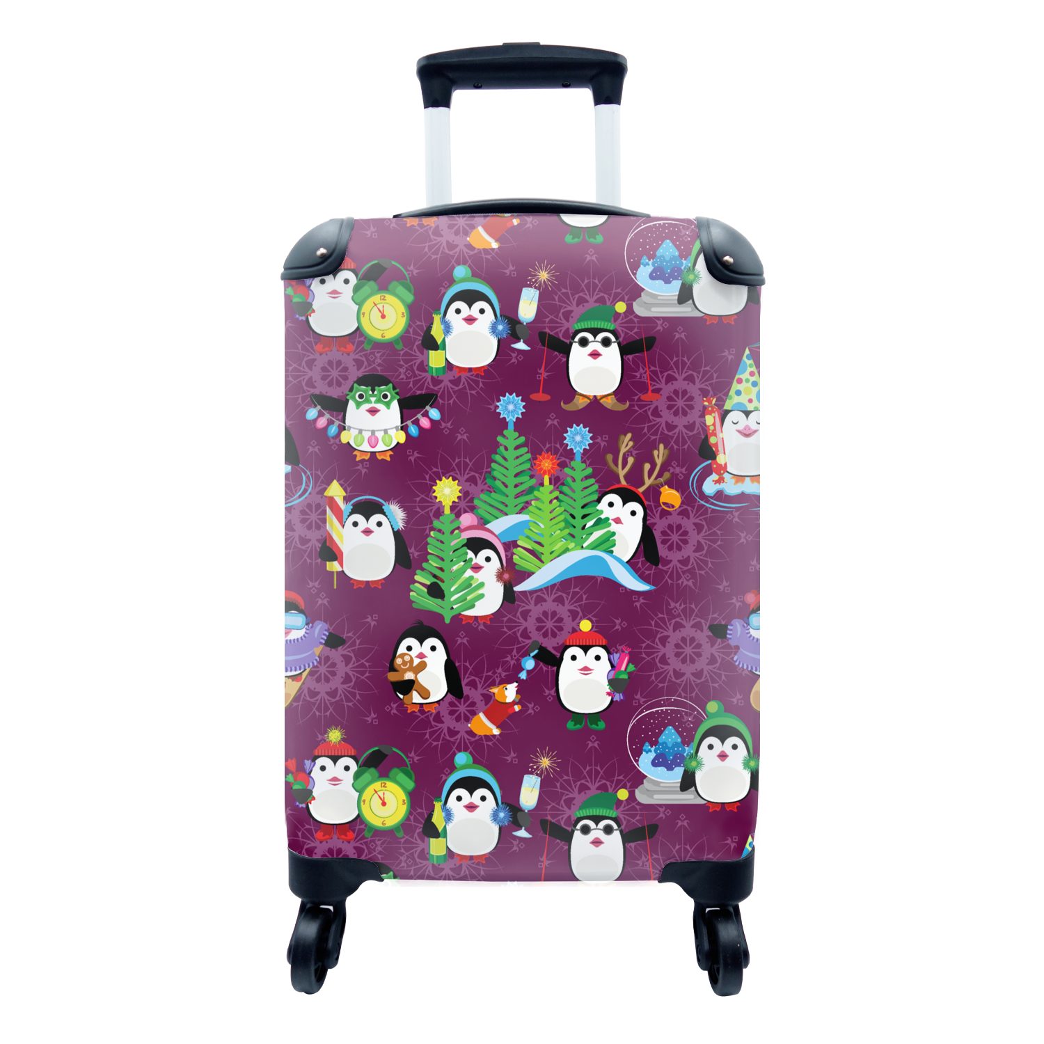 MuchoWow Handgepäckkoffer Pinguin - Weihnachten - Feuerwerk - Winter - Design, 4 Rollen, Reisetasche mit rollen, Handgepäck für Ferien, Trolley, Reisekoffer