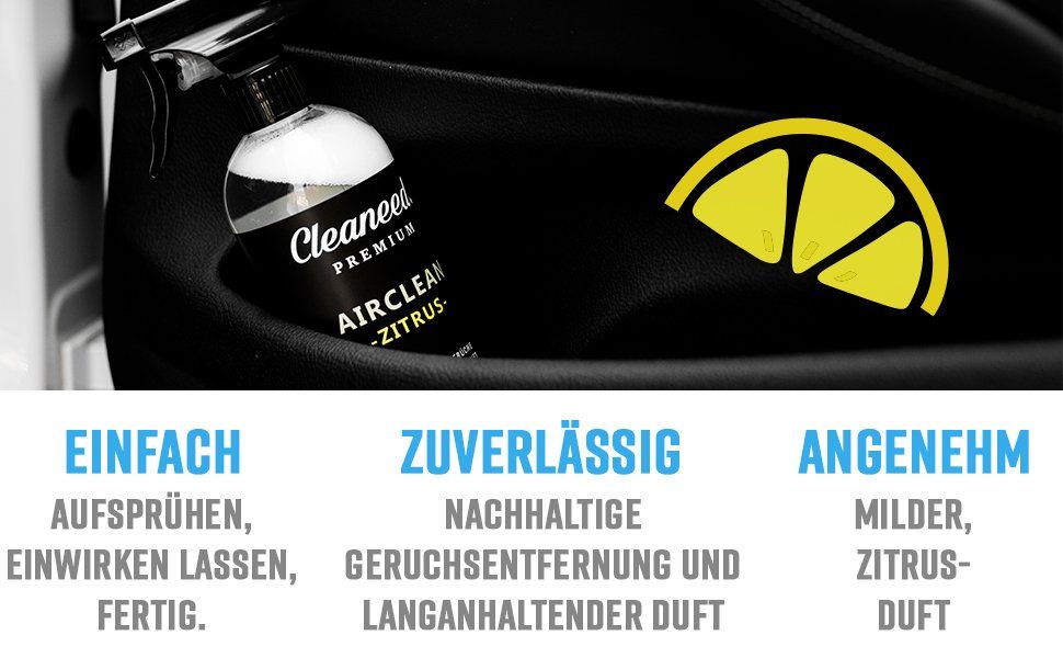 Cleaneed Premium (Made Airclean Entferner, Germany – in Neuwagenduft) Zitrus Rauchgeruch Cockpit-Reiniger