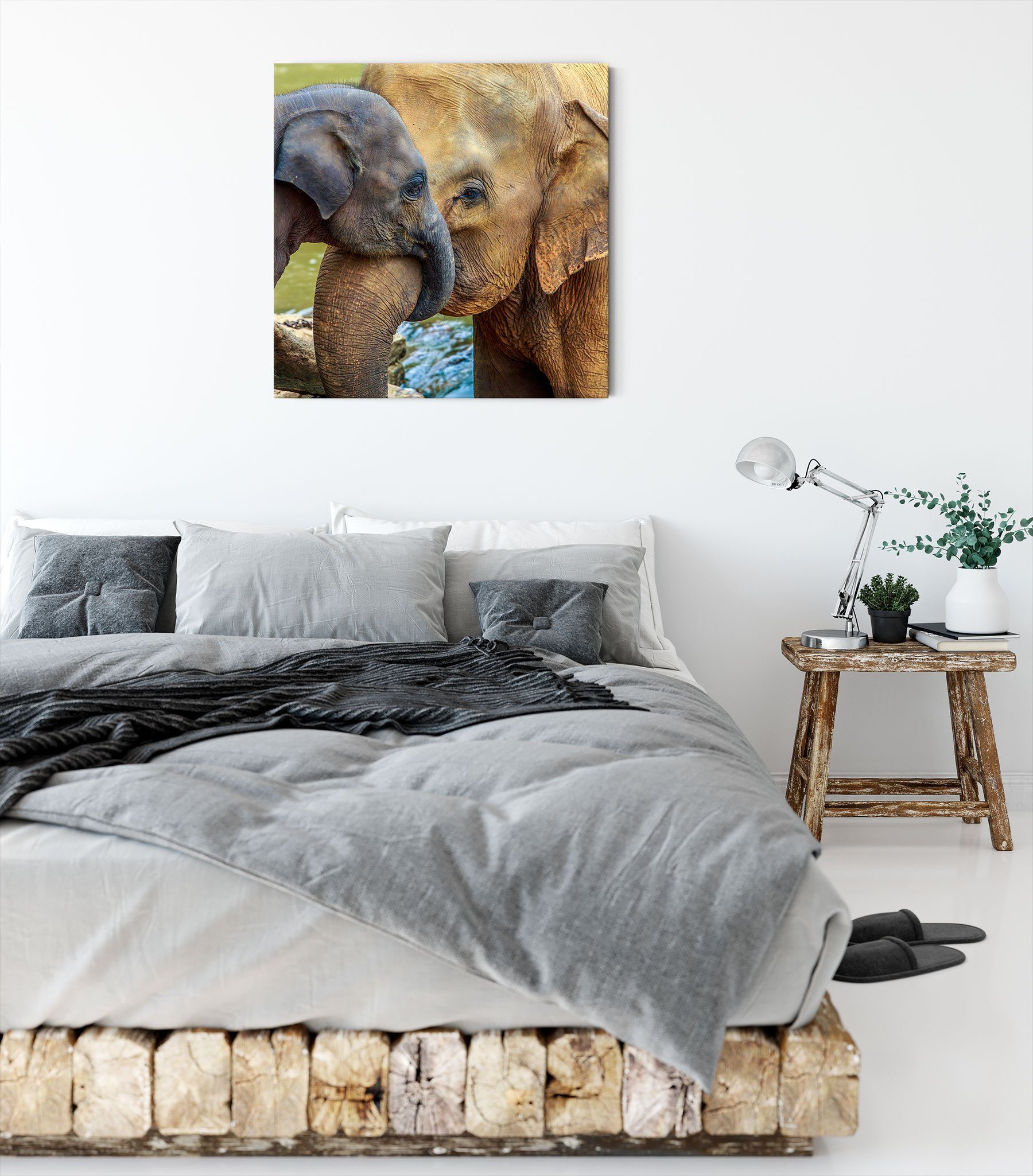 Kalb Elefantenmutter mit Leinwandbild fertig (1 Elefantenmutter mit inkl. Kalb, St), Pixxprint bespannt, Zackenaufhänger Leinwandbild