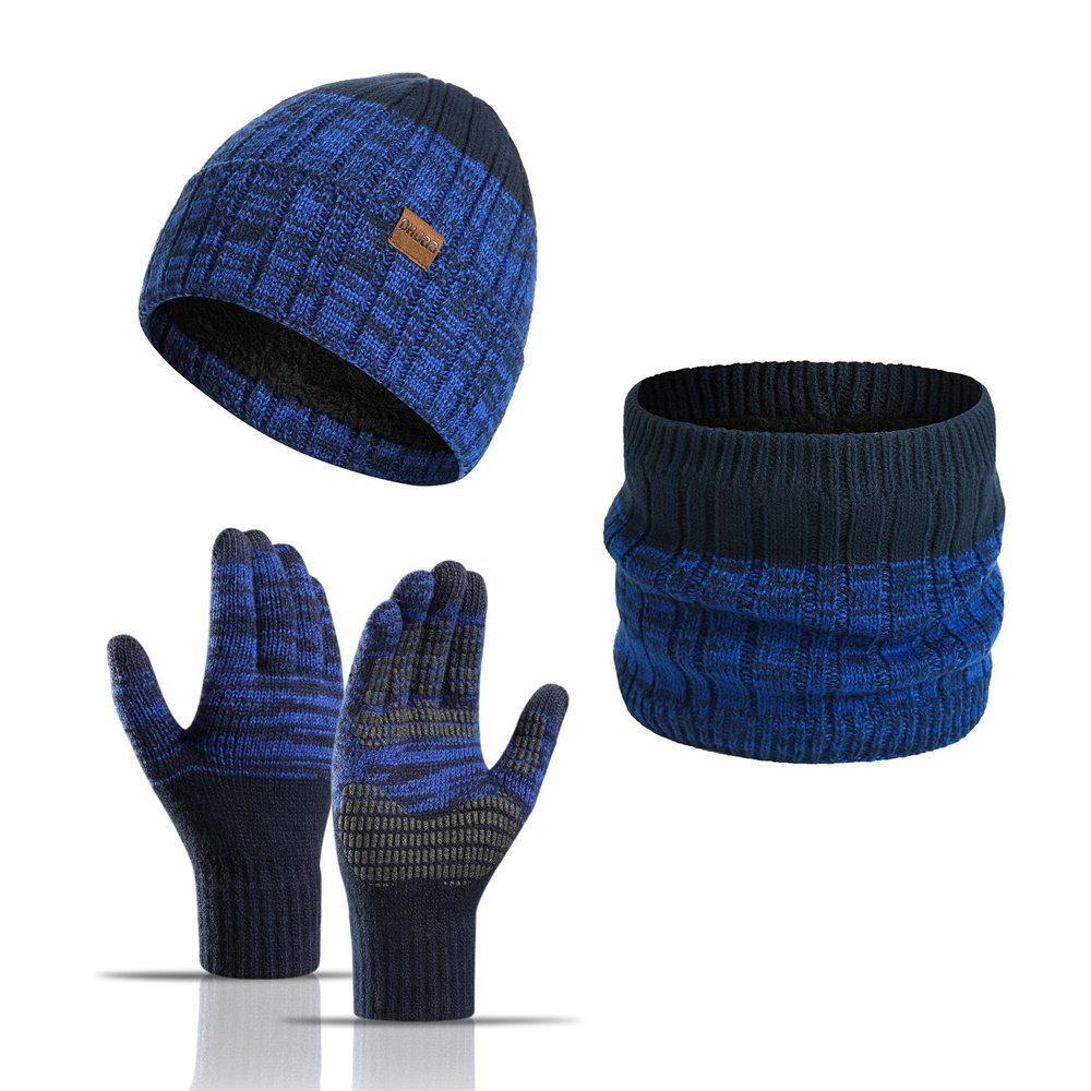 Touchscreen Mütze Beanie Set Handschuhe und Strickhandschuhe Cyan Herren Schal Warm ManKle Winter