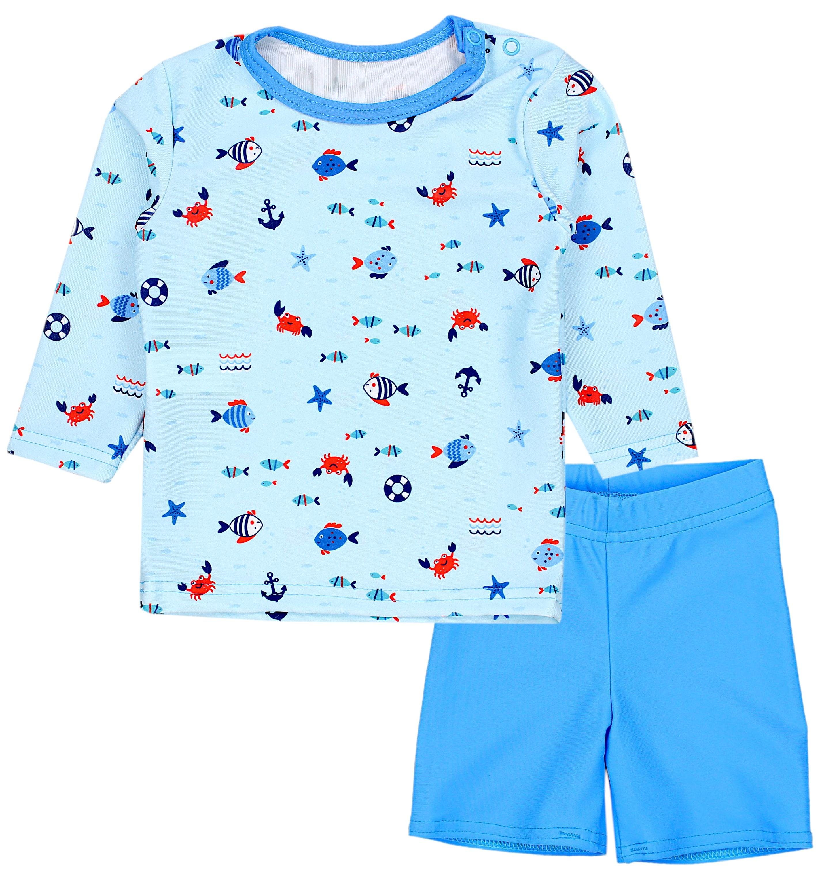 Zweiteiliger / Badeanzug Jungen / Langarm Badeanzug UV-Schutz Aquarti Baby Fische Kinder T-Shirt Badehose Kleine Hellblau Blau