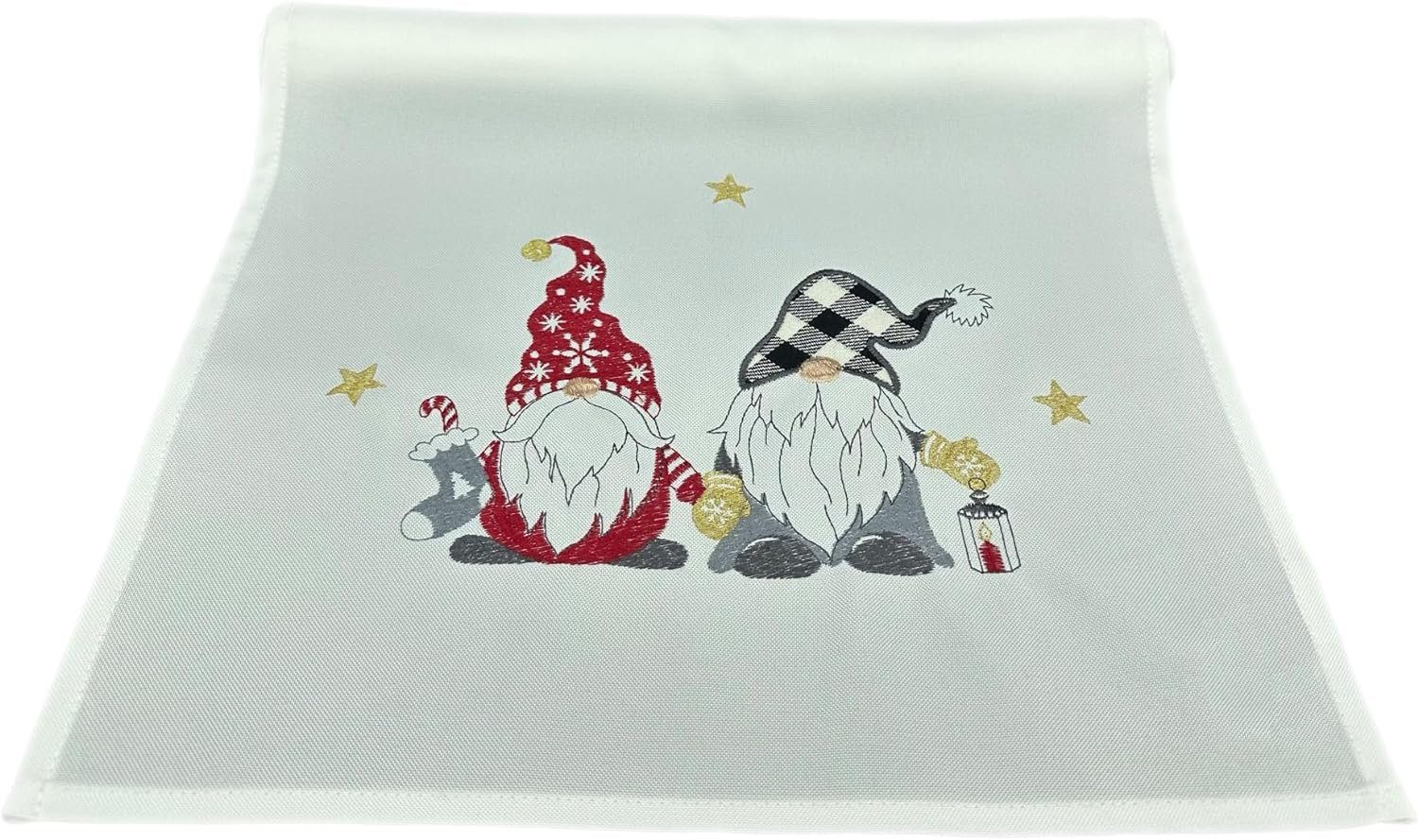 TextilDepot24 Tischdecke mit Stickerei Wichtel Weihnachten Winter, bestickt ecru