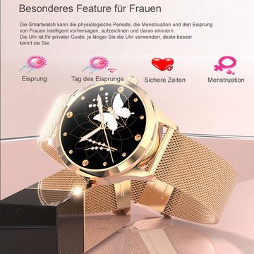 TPFNet SW37 mit Milanaise Armband - individuelles Display Smartwatch (Android), Armbanduhr mit Musiksteuerung, Herzfrequenz, Schrittzähler, Kalorien, Sportmodus etc. - Fitness-Tracker - Gold