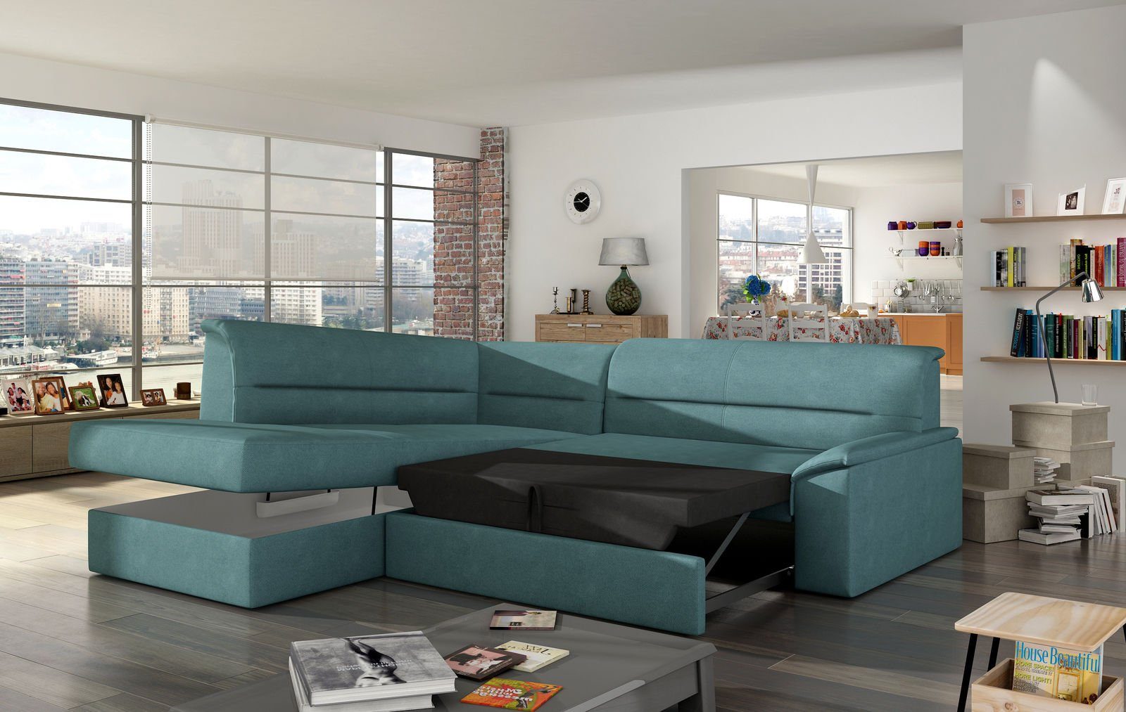 JVmoebel Ecksofa, Design Ecksofa Elano L-form Bettfunktion Couch Leder Textil Sofas Blau