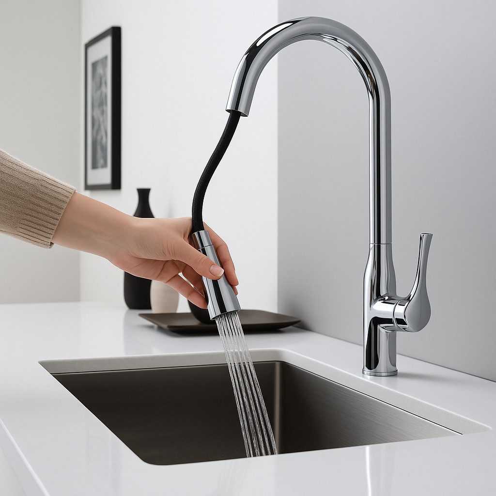 Avorio Küchenarmatur Design Spültischarmatur (360° Schwenkbar) Ausziehbarer Brausekopf, 2 Strahlarten, Anti-Kalk-Düsen, hoher Auslauf