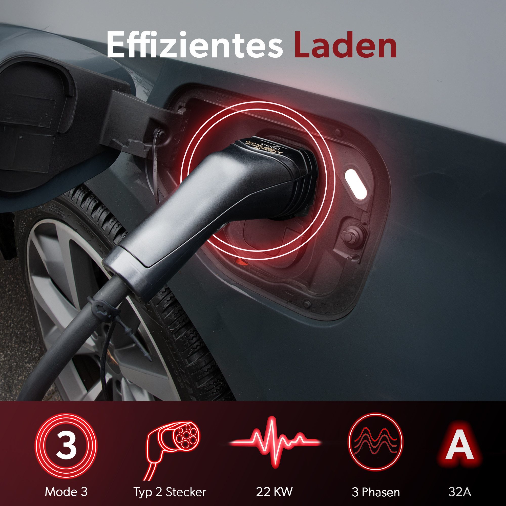 siwitec E-Mobility Ladekabel 3-Phasig 32A - 22KW - Typ 2 Stecker - schwarz, 7 Autoladekabel, (7 cm)