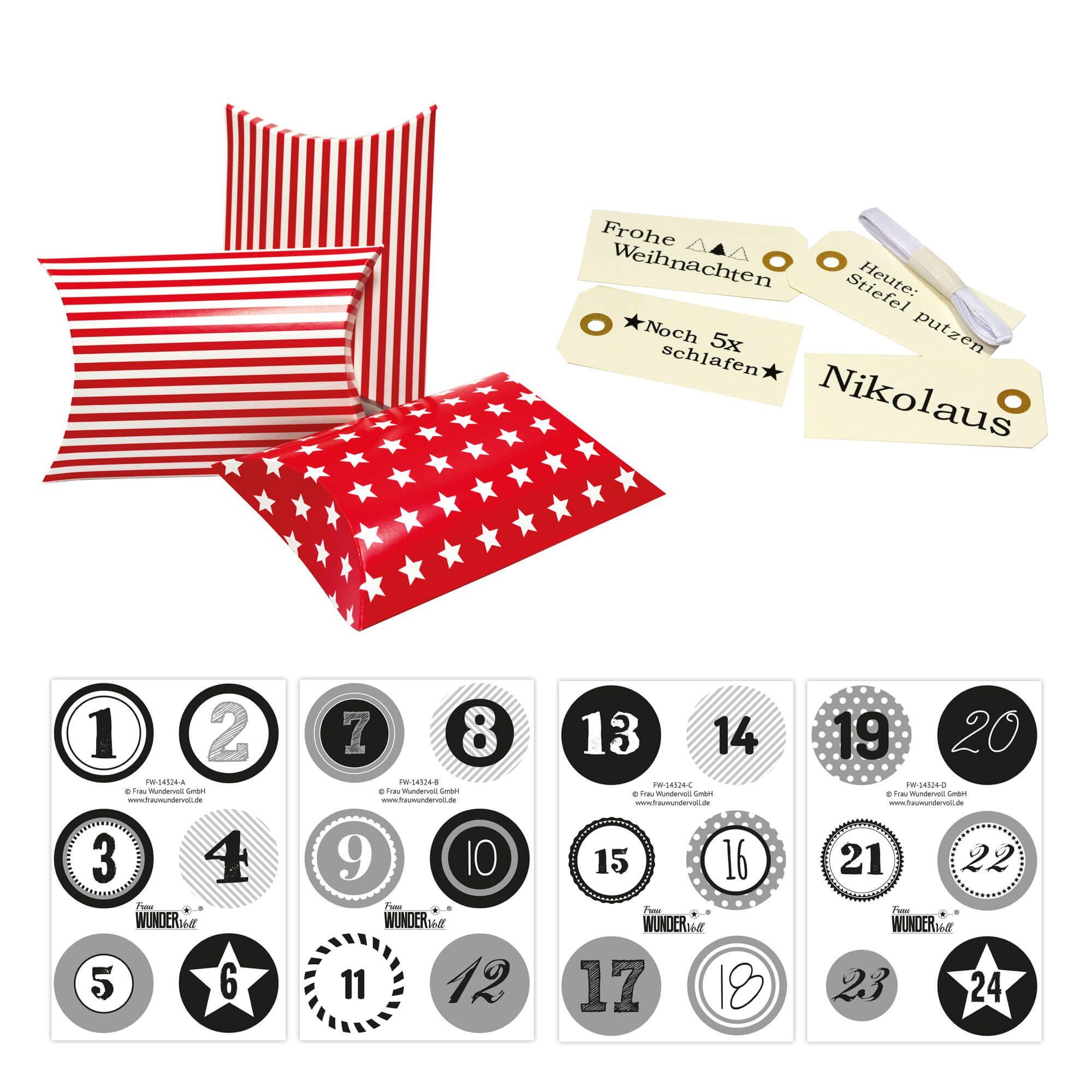 Frau WUNDERVoll befüllbarer Adventskalender Adventskalender Kissenschachteln rote Sterne / Streifen, Ziffern grau