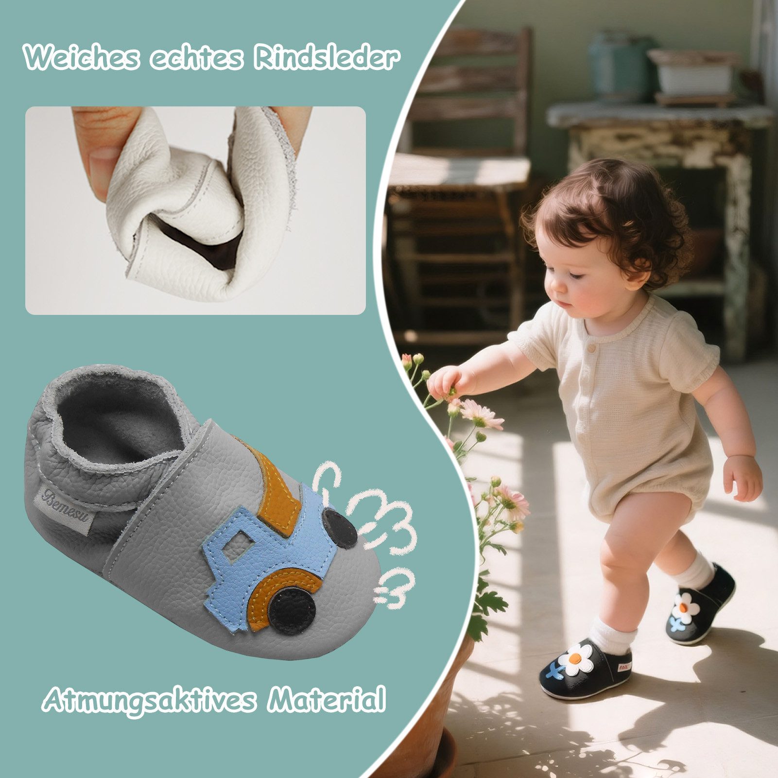 Bemesu Bemesu Baby Leder Krabbelschuhe Lauflernschuhe weich rutschfest Krabbelschuh (Muster: Löwe)