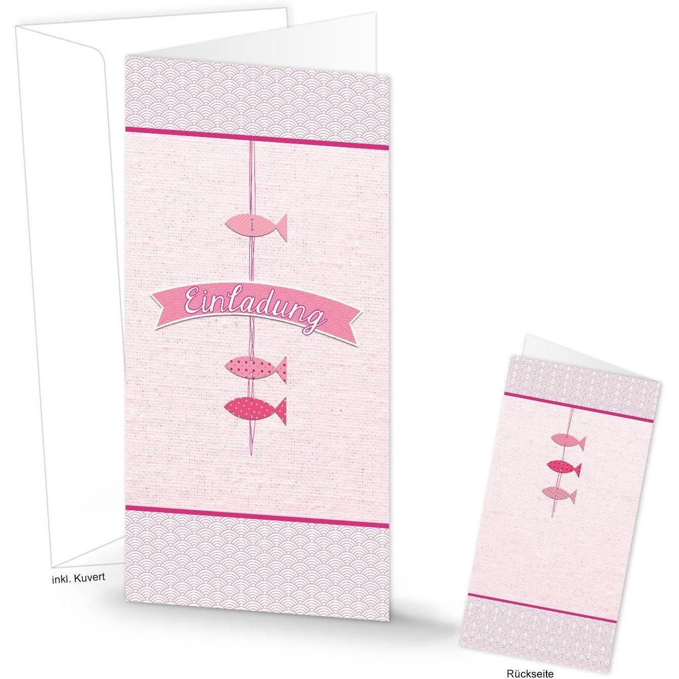 Logbuch-Verlag Klappkarte 10 Einladungskarten + Kuverts rosa pink weiß mit 3 Fischen f.