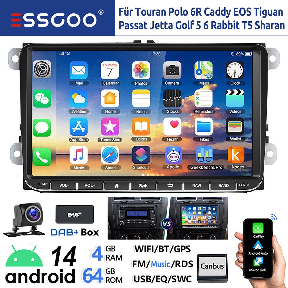 ESSGOO 9" Android 14 Carplay Für VW GOLF 5 6 Passat Caddy Touran EOS Polo 6R Autoradio (DAB+ (optional), FM, RDS, Android Auto GPS Navi WIFI FM Bluetooth RDS Touchscreen USB EQ)