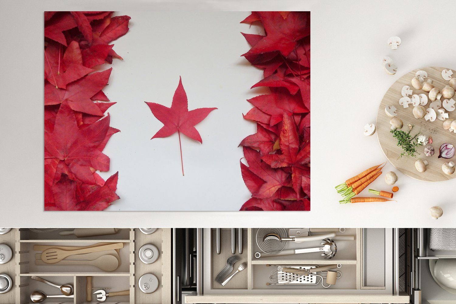 (1 Ceranfeldabdeckung Arbeitsfläche nutzbar, Kanada Ahornblättern, 70x52 roten cm, Mobile Flagge von mit MuchoWow Herdblende-/Abdeckplatte tlg), Vinyl,