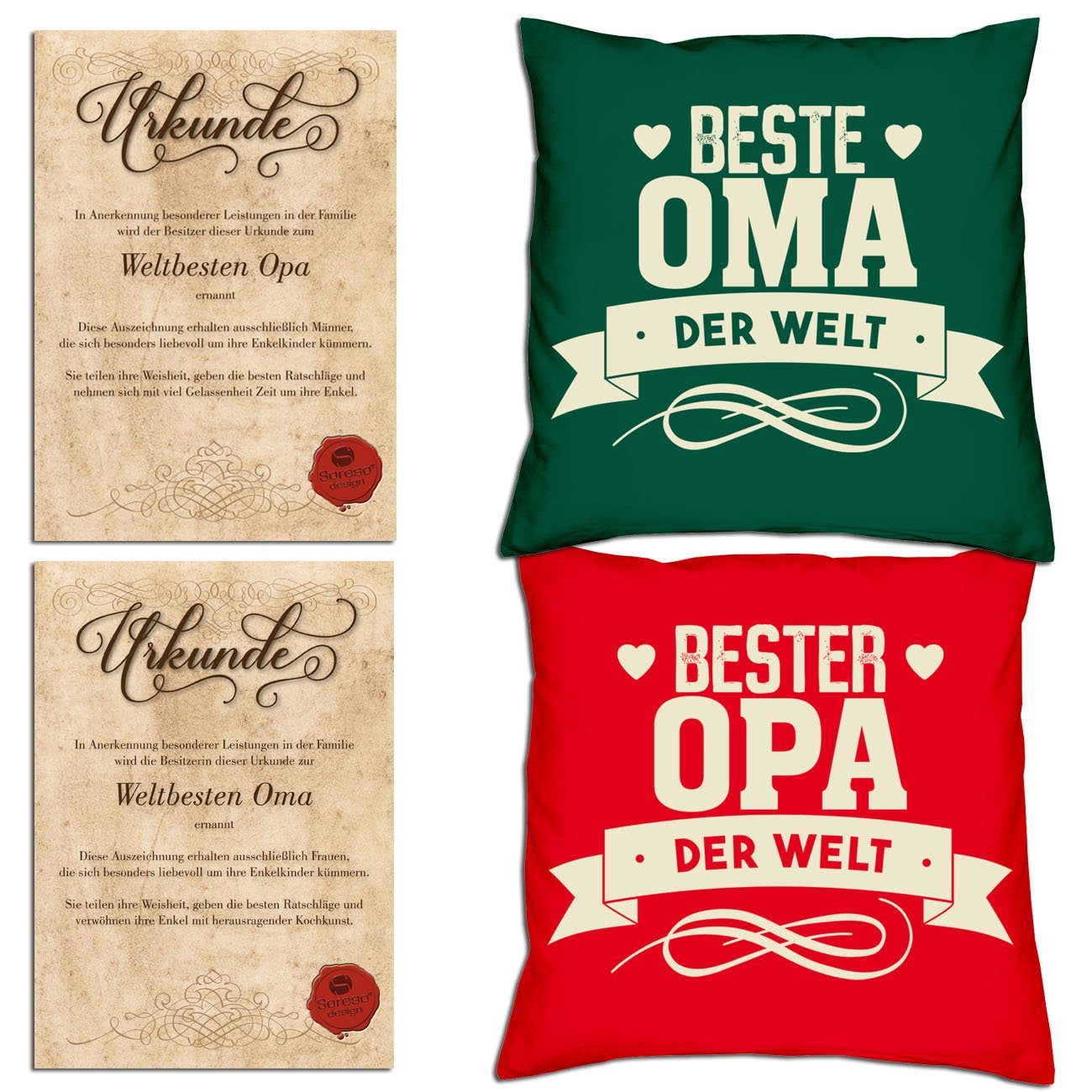 Soreso® der Dekokissen Urkunden, mit Welt Beste Weihnachtsgeschenk der Opa Großeltern Kissen-Set dunkelgrün Bester Oma für Welt