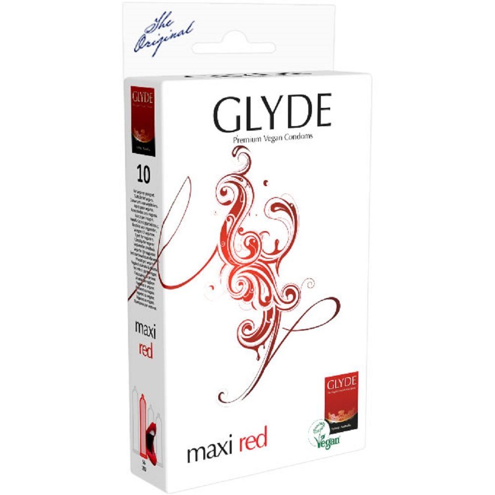 Glyde XXL-Kondome Glyde Ultra «Maxi Red» rote vegane XL-Kondome Packung mit, 10 St., Zertifiziert mit der Veganblume, Gefühlsecht & Reißfest