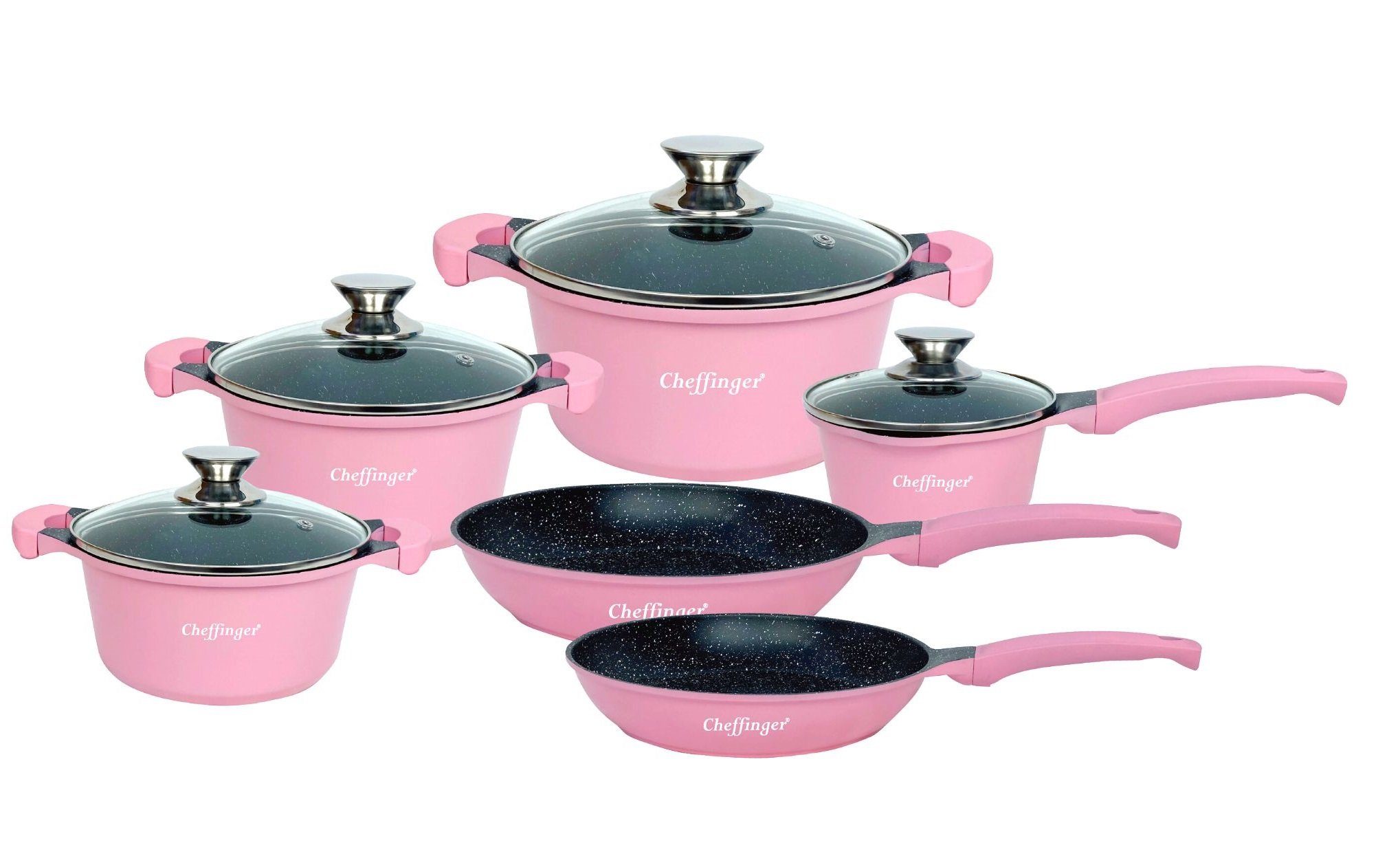 Cheffinger Kochtopf 10-Teilig Kochgeschirr Induktion AluGuss Pfanne Topfset Kochtopfset Pink