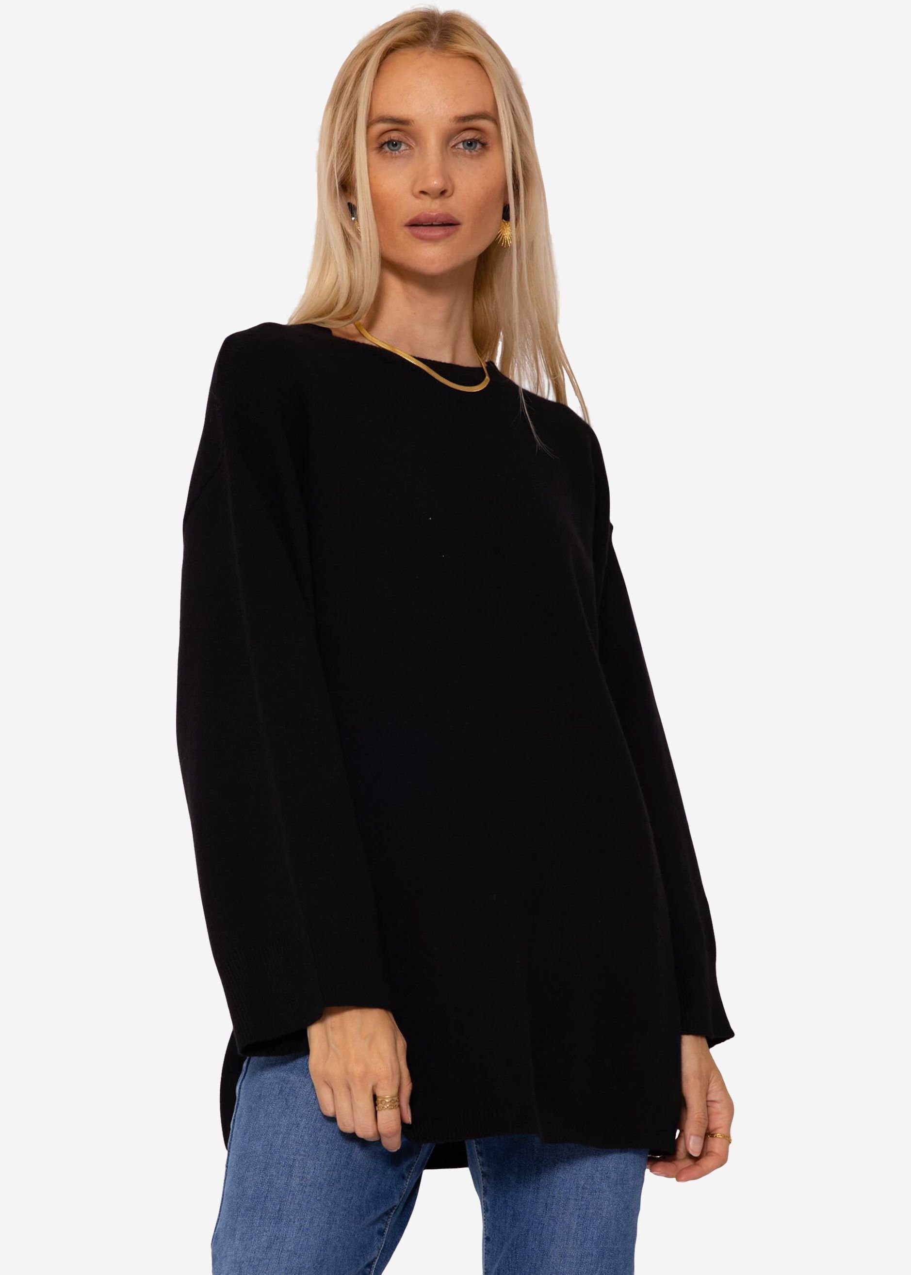 SASSYCLASSY Strickpullover Oversize Pullover Damen aus weichem Feinstrick Lässiger Strickpullover lang mit Rundhals und Seitenschlitzen Schwarz