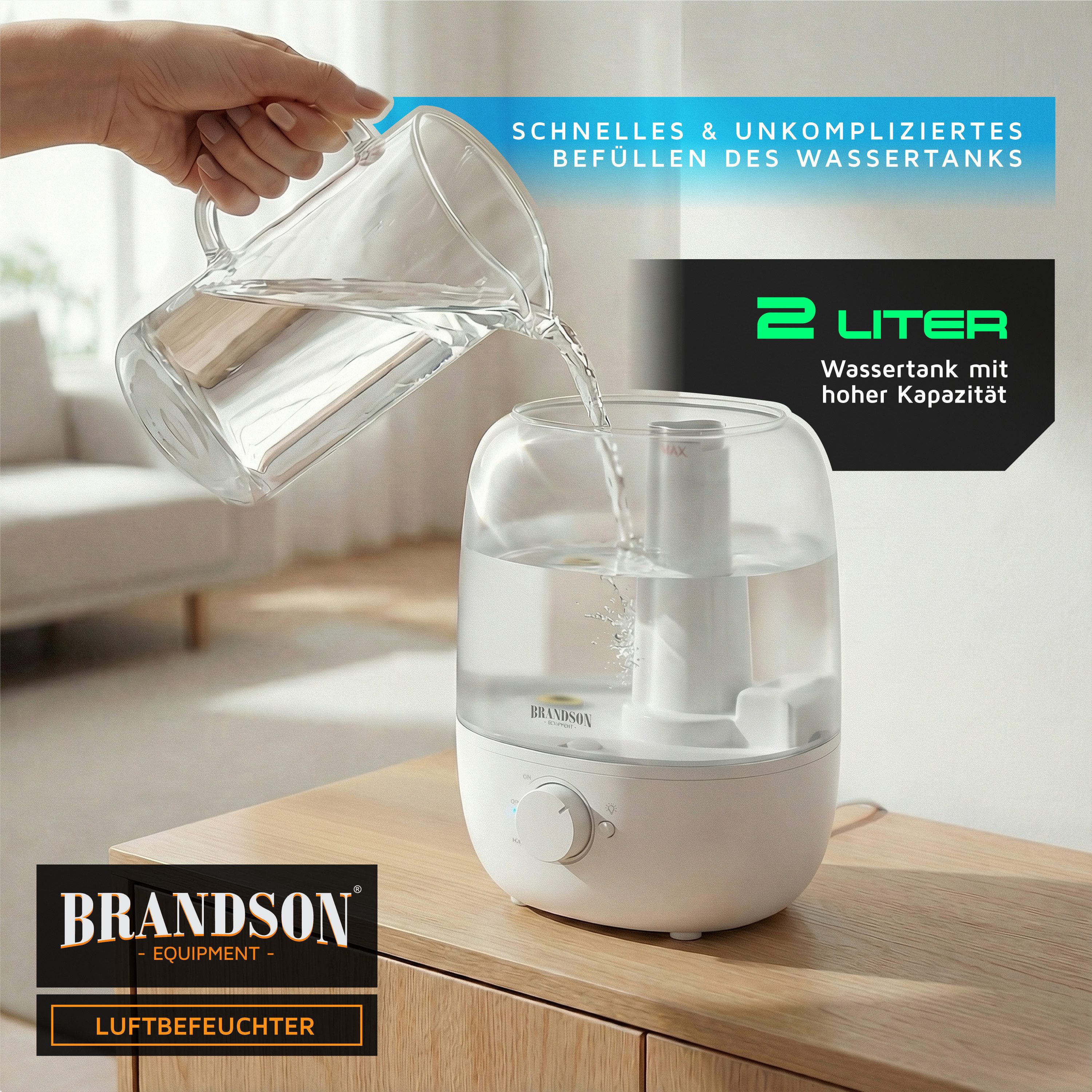 Brandson Luftbefeuchter mit Drehregler für stufenlose Nebeleinstellung, 2000 ml Wassertank, 2.0 l Wassertank, LED Licht Farbwechsel 7 Farben, automatische Abschaltung, leise