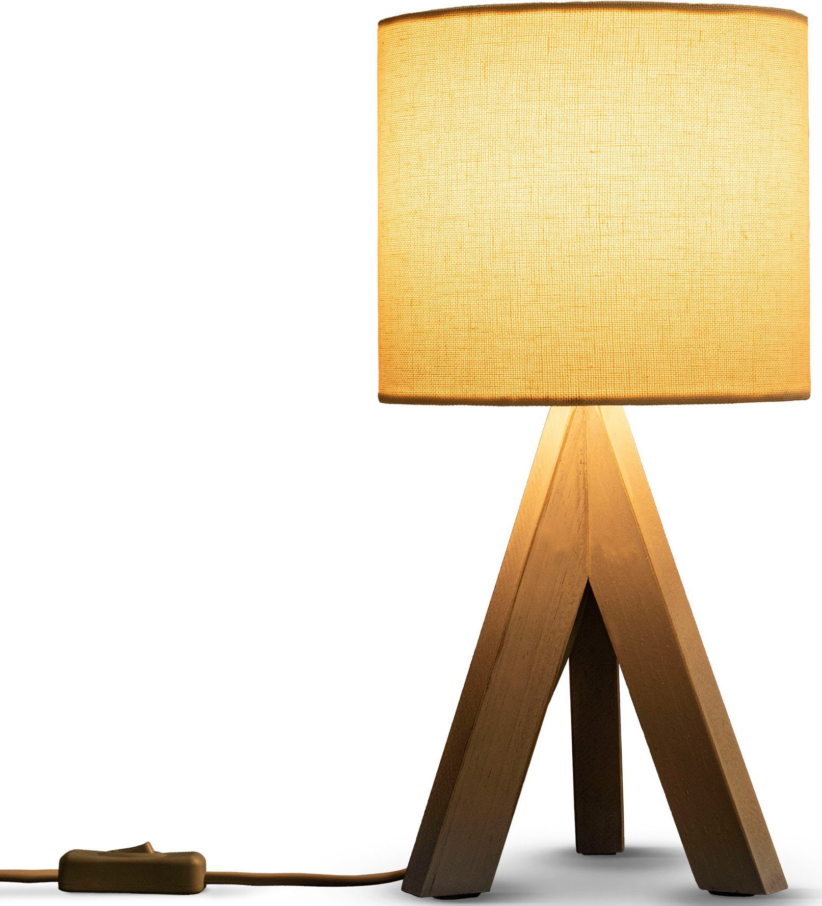Paco Home Tischleuchte BAJO CANVAS UNI COLOR, ohne Leuchtmittel, Dreibein massiv Holz, Textilschirm uni Leinen, Ø 17 cm, H. 35 cm