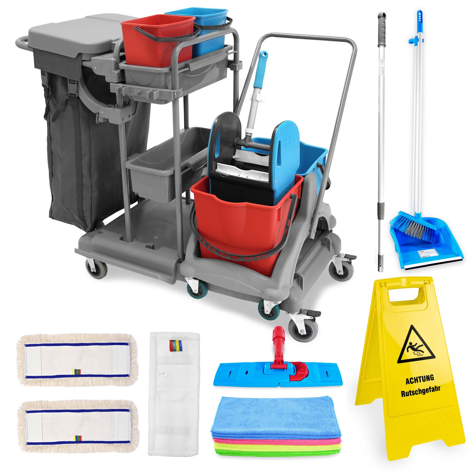 Hypafol Putzwagen HY-2005, (SET, Eimer,Halterung für Besen, Möppe,Mikrof.Tücher,Kehrgarnitur,Warnschild)