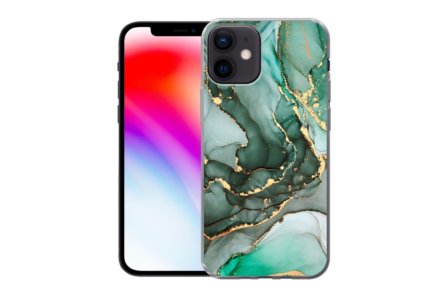 MuchoWow Handyhülle für Apple iPhone 12 Gold - Marmor - Grün - Luxus - Marmoroptik - Grau, Smartphone-Bumper, Print, Handy Schutzhülle Dünn