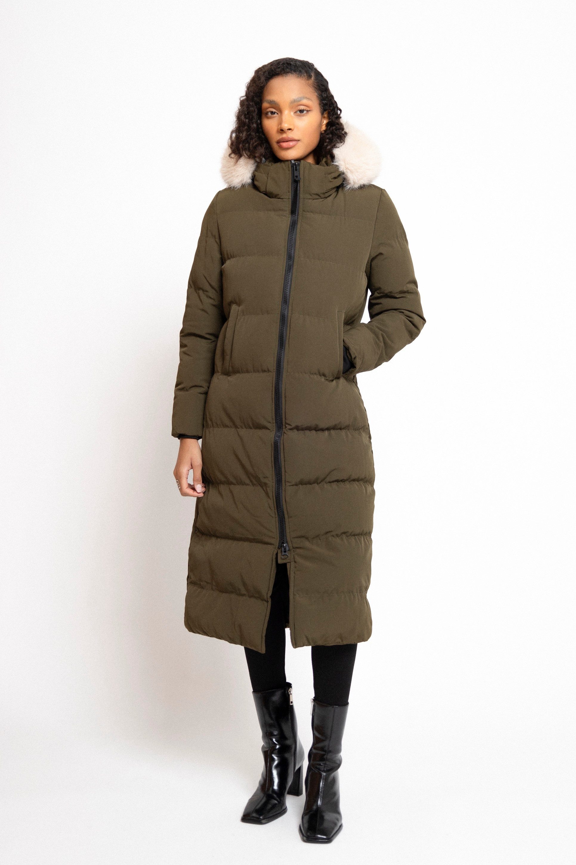 Copperose Parka #6031 Winterparka Steppmantel Winterjacke mit Reißverschluss knöchellang und Kunstfell-Kapuze
