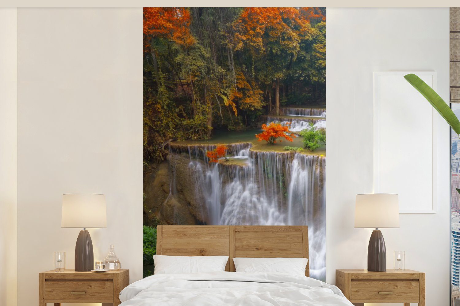 MuchoWow Fototapete Bäume - Wasserfall - Herbst, Matt, bedruckt, (2 St), Vliestapete für Wohnzimmer Schlafzimmer Küche, Fototapete