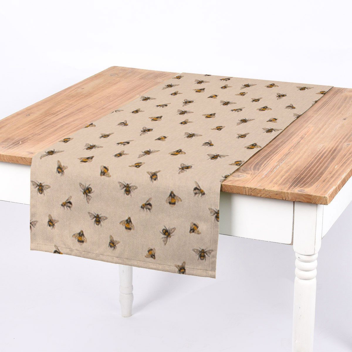 SCHÖNER LEBEN. Tischläufer Bee Buzzing Bienen Hummeln natur gelb, made in Germany,handmade