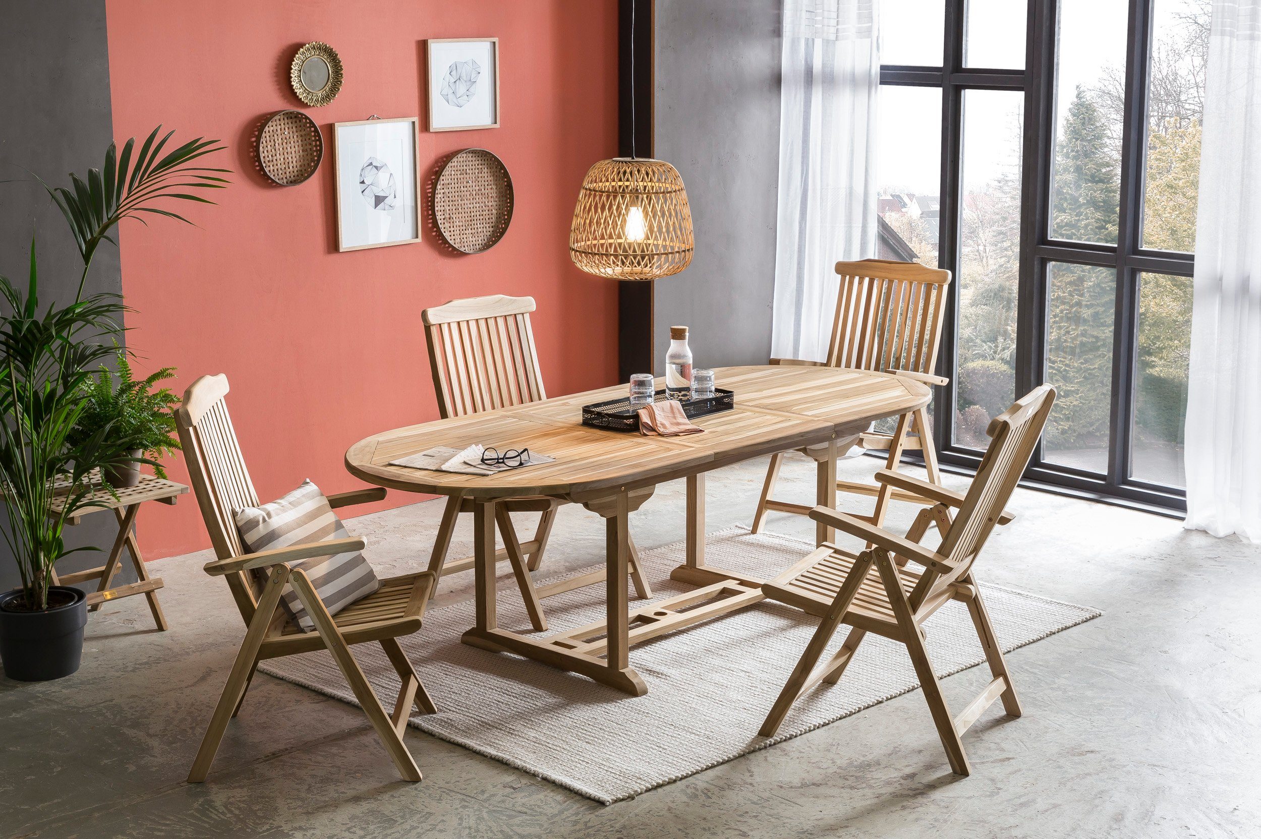 TPFGarden Garten-Essgruppe Teaka, (4 Personen, 5-tlg., 4 Armlehnstühle, 1 Tisch mit Auszug), Gartenmöbel-Set, Teakholz Tischgruppe, Indoor und Outdoor