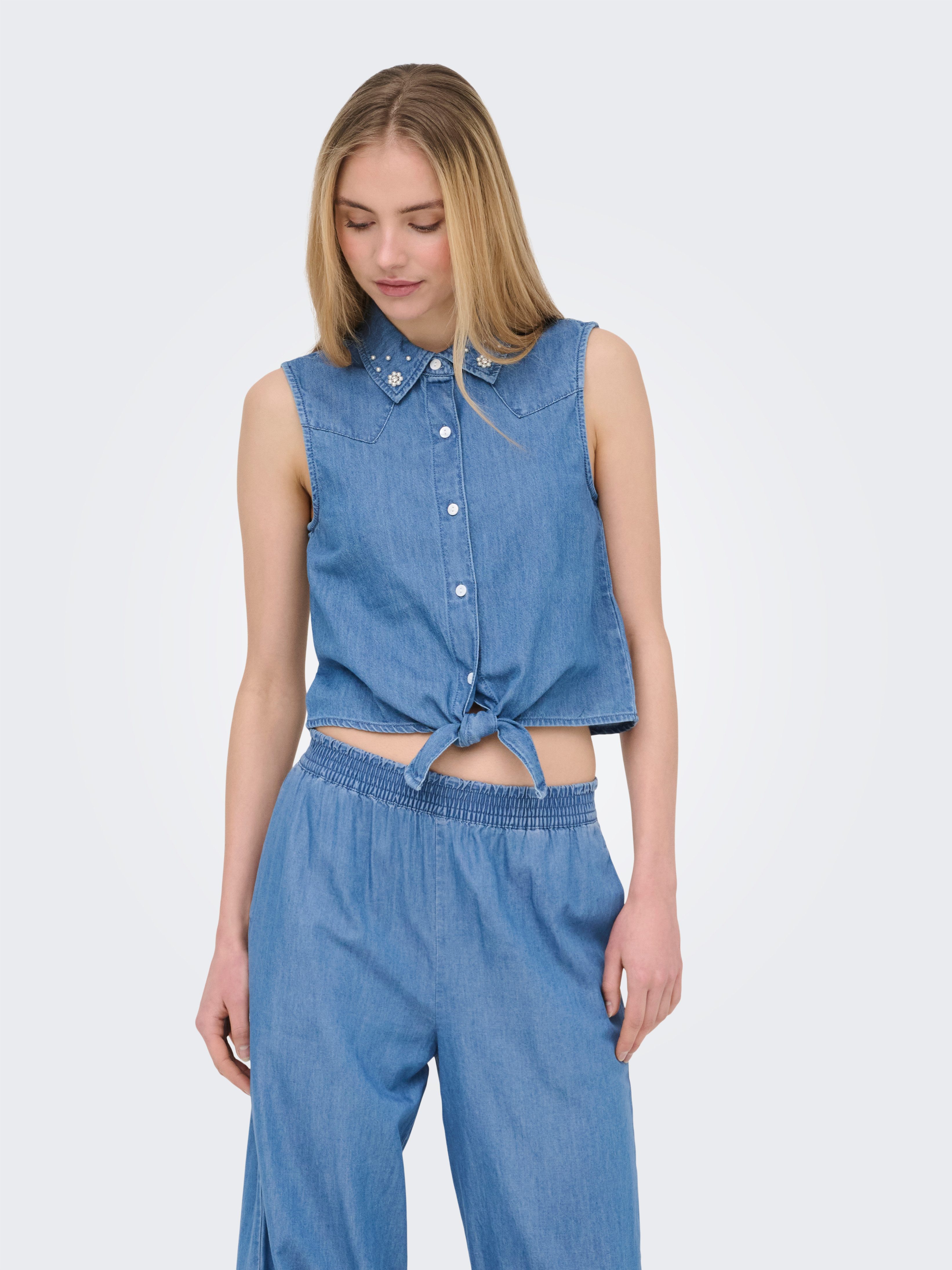 ONLY Jeansbluse ONLBRIAR S/L PEARL KNOT SHIRT DNM QYT Baumwolle