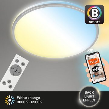 Briloner Leuchten LED Deckenleuchte 3065-014, Wifi, Appsteuerung, Sprachsteuerung, Fernbedienung, dimmbar, indirektes Licht, Speicherfunktion, LED fest verbaut, Kaltweiß, Neutralweiß, Tageslichtweiß, Warmweiß, Smarte Deckenlampe, 49x7,7cm, Chrom-Matt, 42W, Wohnzimmer, Flur, Büro