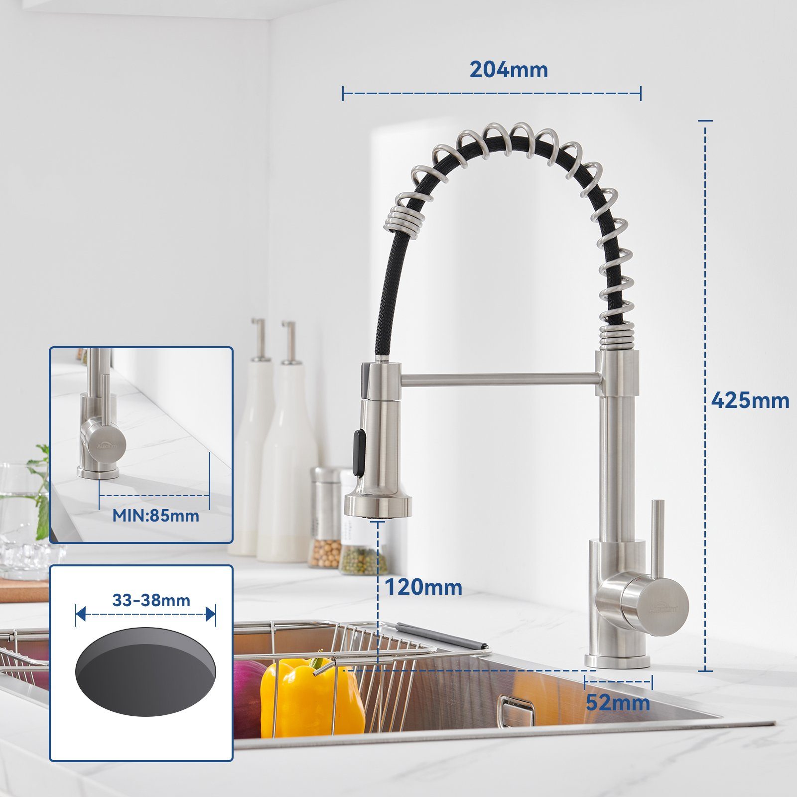 Auralum Spültischarmatur 2 Gebürstet Küchenarmatur Hochdruck Wasserhähne Edelstahl, 360° drehbar Armatur Spiralfederarmatur aus