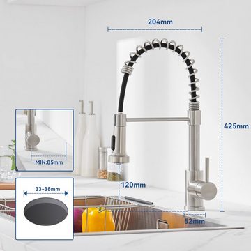 AuraLum pro Spültischarmatur Hochdruck Küchenarmatur 2 Wasserhähne Spiralfederarmatur Armatur 360° drehbar aus Edelstahl, Gebürstet