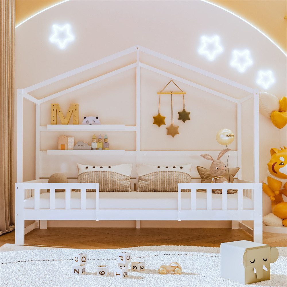 XDeer Massivholzbett Kinderbett 90 x 200 cm, Schlafsofa aus Massivholz,weißes Jungen, Mädchenbett mit lustigem Dach und Sicherheitszaun