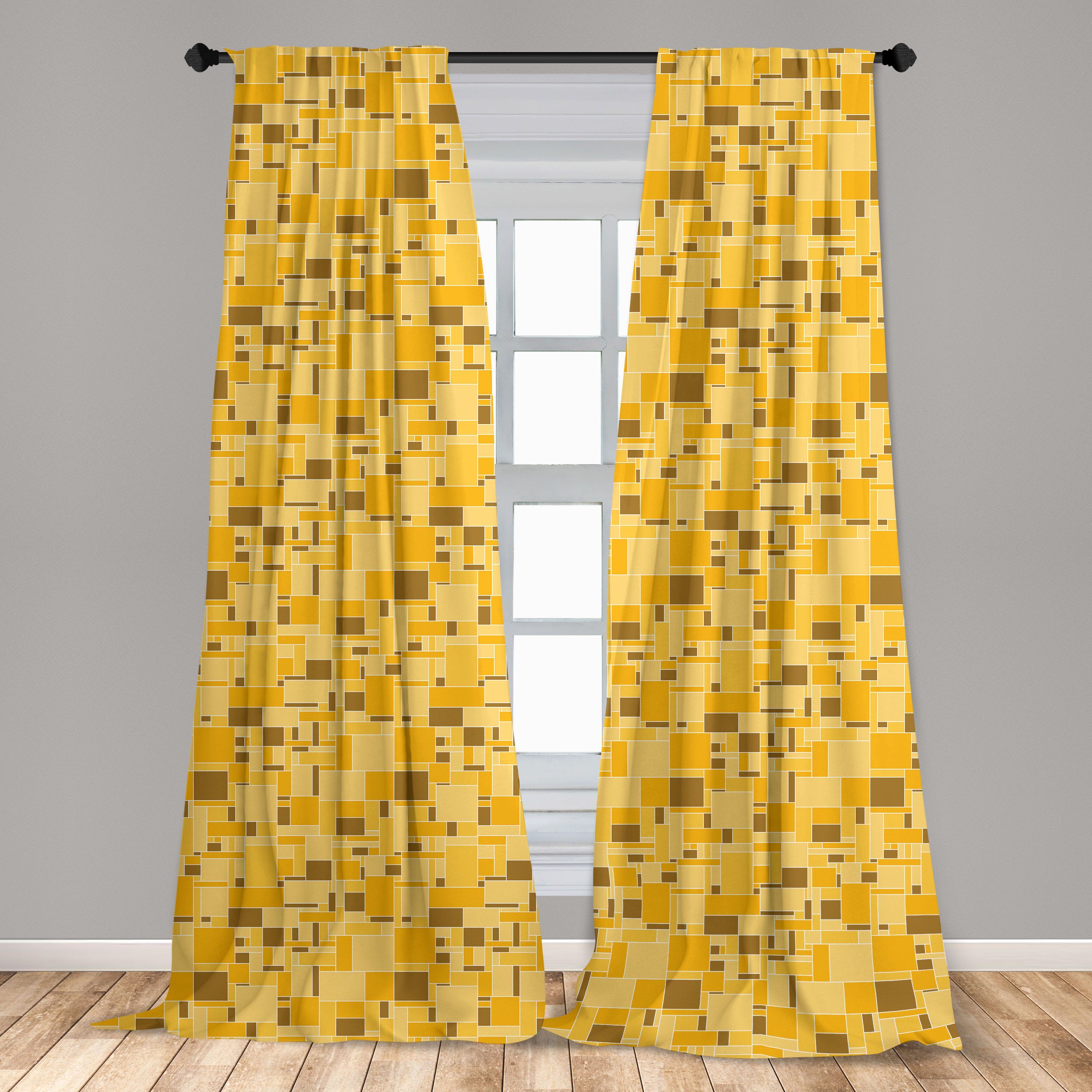 Gardine Vorhang für Wohnzimmer Schlafzimmer quadriert Dekor, Weinlese-Gelb Microfaser, Abakuhaus, Gitter