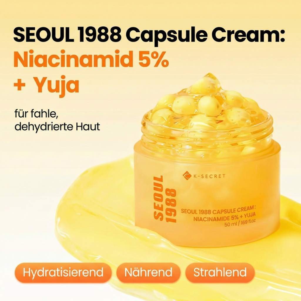 K-Secret Tagescreme Seoul 1988 Capsule Cream Niacinamide 5 % + Yuja 50 ml – Feuchtigkeitspflege mit Vitamin-C-Kapseln & Sanddornhydrolat –, Gelcreme für alle Hauttypen – Hautbild verfeinernd & antioxidativ