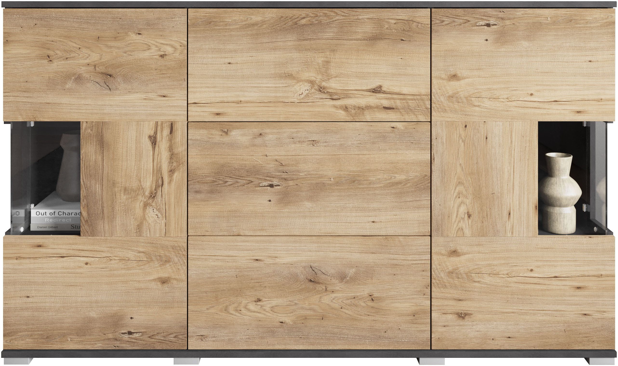 OTTO home Sideboard Kenia (1 St), Sideboard mit 3 Schubladen, 6 Fächern, Glastüren, Breite 150 cm