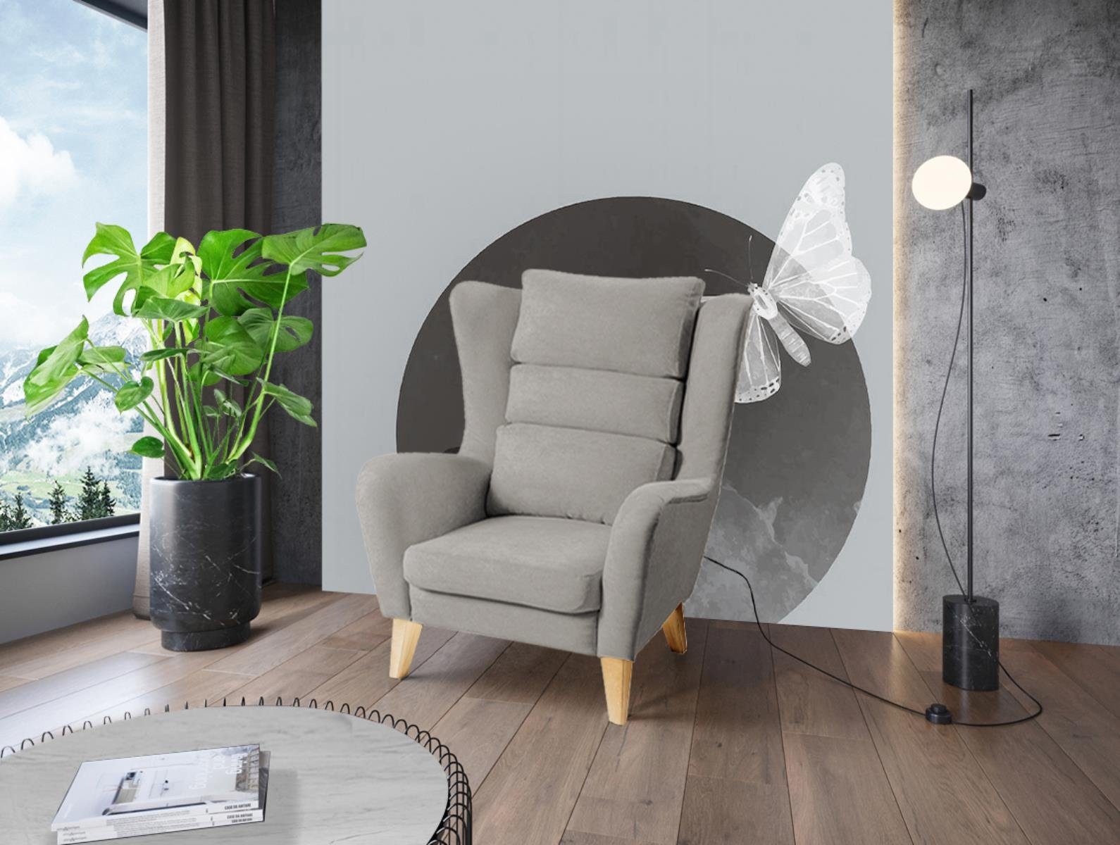 Beautysofa Sessel Atlas (Loungesessel für Wohnzimmer, Relaxsessel aus Velvetstoff), Polstersessel mit Holzbeine (Buche oder Wenge) Beige (mono 233)