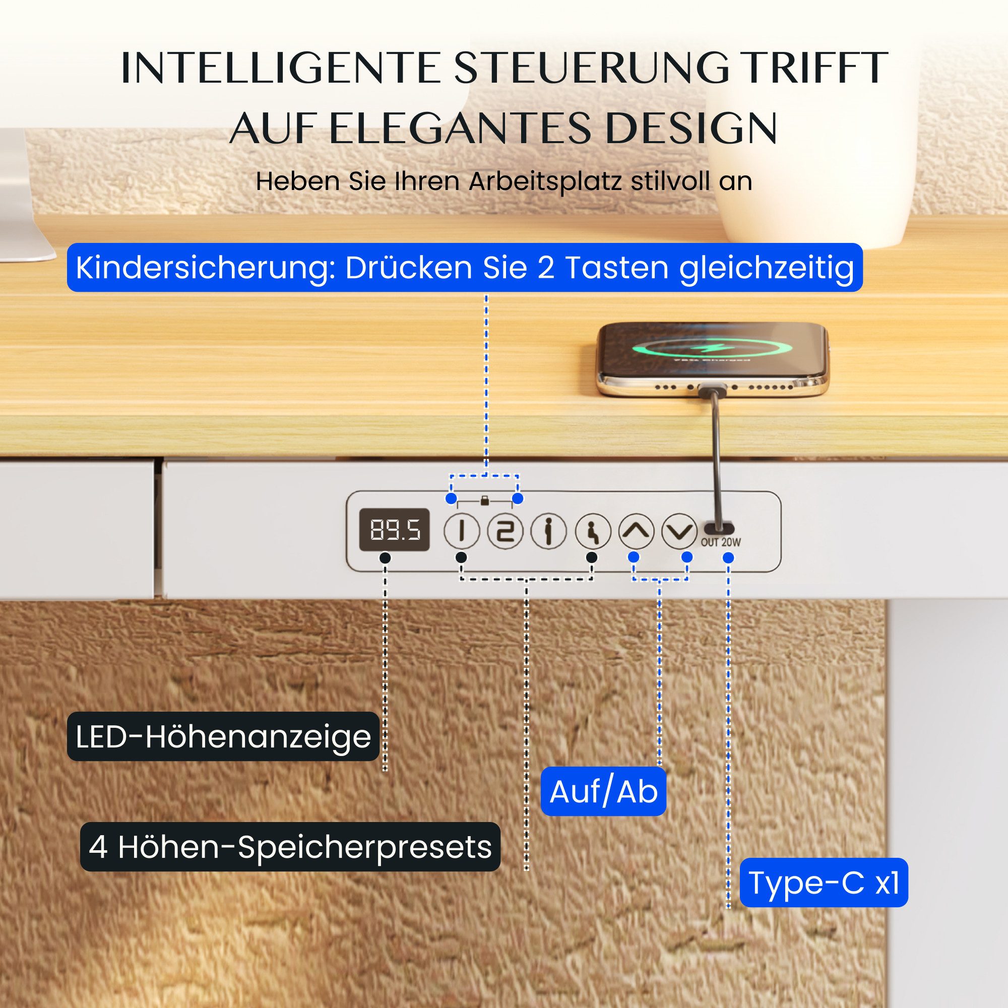 FLEXISPOT Schreibtisch Höhenverstellbarer Schreibtisch MIT Schubladen (mit LED-Höhenanzeige, 4 Speicherhöhen, Anti-Kollisionssystem, USB-C Anschluss), EINFACHE  – Bild 2 von 5