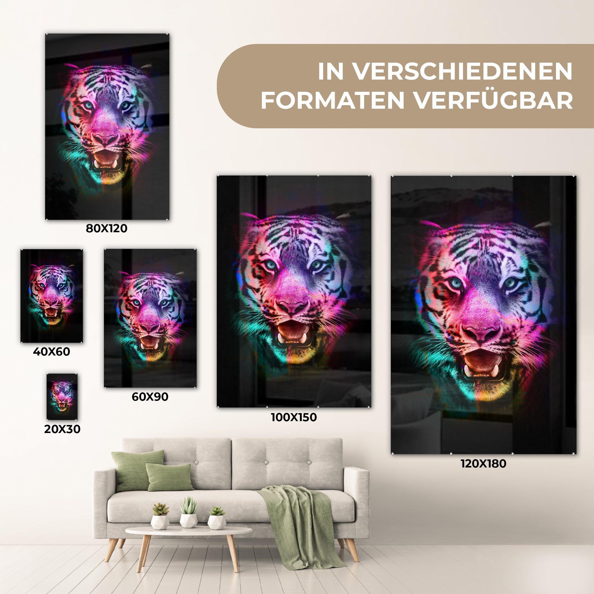 Wanddekoration Tiger - (1 Wandbild Farben auf - Foto MuchoWow Wild, - auf Glas bunt - Glasbilder Acrylglasbild St), - Glas Bilder