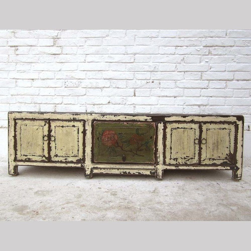 Kommode China shabby chic TV Lowboard flache Anrichte Pinie antikweiss.Luxury